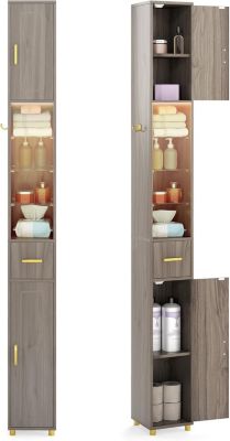 Colonne Salle de Bain Haute, Meuble Salle de Bain Etroit avec LED à 3 Couleurs, Portes, Étagères Réglables, 20x20x180cm,  Gris