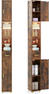 Colonne Salle de Bain Haute, Meuble Salle de Bain Etroit avec LED à 3 Couleurs, Portes, Étagères Réglables, 20x20x180cm, Marron