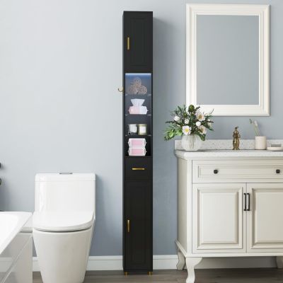 Colonne Salle de Bain Haute, Meuble Salle de Bain Etroit avec LED à 3 Couleurs, Portes, Étagères Réglables, 20x20x180cm, Noir