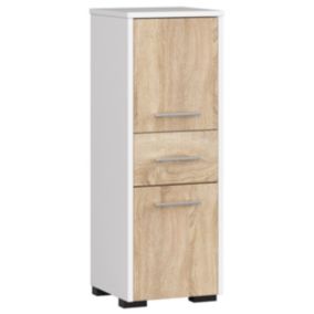 Colonne salle de bains AKORD FIN Blanche 30 cm 2 portes 1 tiroir façade Chêne Sonoma 3 étagères 30x30x85 cm
