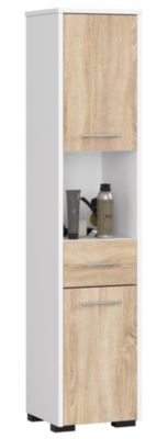 Colonne salle de bains AKORD FIN Blanche 30 cm 2 portes 1 tiroir façade Chêne Sonoma 5 étagères 30x30x140 cm