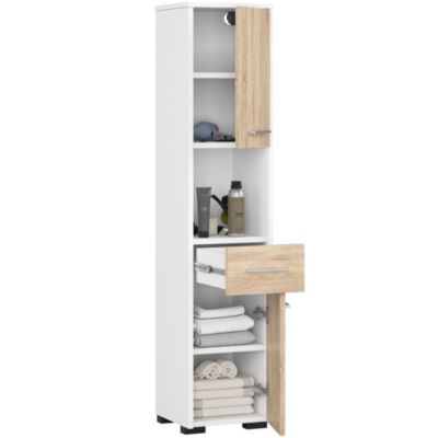 Colonne salle de bains AKORD FIN Blanche 30 cm 2 portes 1 tiroir façade Chêne Sonoma 5 étagères 30x30x140 cm
