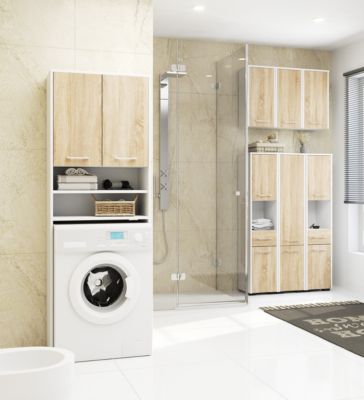 Colonne salle de bains AKORD FIN Blanche 30 cm 2 portes 1 tiroir façade Chêne Sonoma 5 étagères 30x30x140 cm