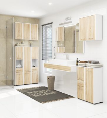 Colonne salle de bains AKORD FIN Blanche 30 cm 2 portes 1 tiroir façade Chêne Sonoma 5 étagères 30x30x140 cm