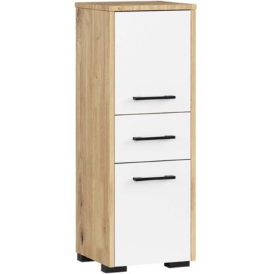 Colonne salle de bains AKORD FIN Chêne Artisan 30 cm 2 portes 1 tiroir façade Blanche 3 étagères 30x30x85 cm