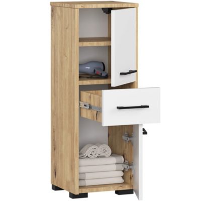 Colonne salle de bains AKORD FIN Chêne Artisan 30 cm 2 portes 1 tiroir façade Blanche 3 étagères 30x30x85 cm