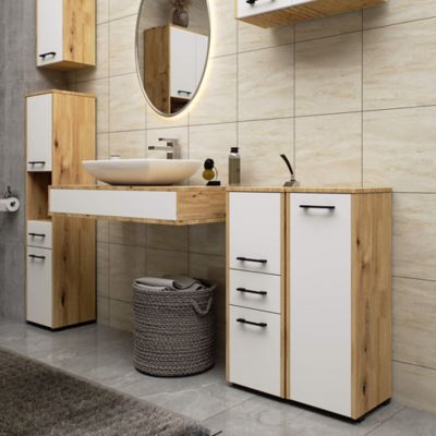 Colonne salle de bains AKORD FIN Chêne Artisan 30 cm 2 portes 1 tiroir façade Blanche 3 étagères 30x30x85 cm