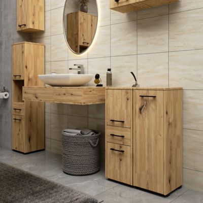 Colonne salle de bains AKORD FIN Chêne Artisan 30 cm 2 portes 1 tiroir façade Chêne Artisan 3 étagères 30x30x85 cm