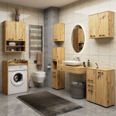 Colonne salle de bains AKORD FIN Chêne Artisan 30 cm 2 portes 1 tiroir façade Chêne Artisan 3 étagères 30x30x85 cm