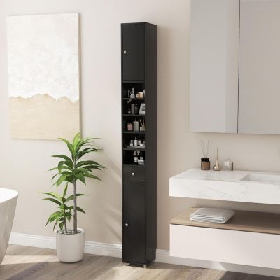 Colonne WC avec 2 Portes 1 Tiroir 5 Etageres Reglables Anti-basculement Meuble Colonne pour Petits Espaces 20x20x180cm