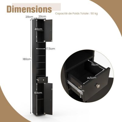 Colonne WC avec 2 Portes 1 Tiroir 5 Etageres Reglables Anti-basculement Meuble Colonne pour Petits Espaces 20x20x180cm