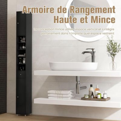 Colonne WC avec 2 Portes 1 Tiroir 5 Etageres Reglables Anti-basculement Meuble Colonne pour Petits Espaces 20x20x180cm