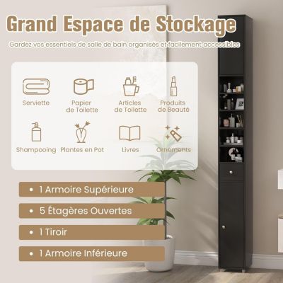 Colonne WC avec 2 Portes 1 Tiroir 5 Etageres Reglables Anti-basculement Meuble Colonne pour Petits Espaces 20x20x180cm
