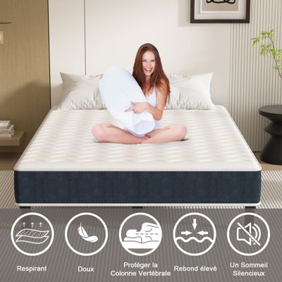 Combinaison lit matelas 140x200 cm, Matelas a mousse+ Cadre de Lit en Fer, Comprenant 9 pieds, Epaisseur du matelas 15 cm