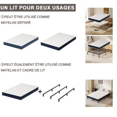 Combinaison lit matelas 140x200 cm, Matelas a mousse+ Cadre de Lit en Fer, Comprenant 9 pieds, Epaisseur du matelas 15 cm