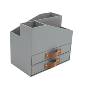 Combo de rangement multifonction en carton gris 2 tiroirs, range revues, pot à crayon