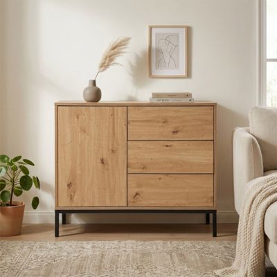 Commode 1 Porte 3 Tiroirs Décor Chêne L90 x H80 cm - LENNY