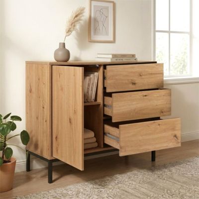 Commode 1 Porte 3 Tiroirs Décor Chêne L90 x H80 cm - LENNY