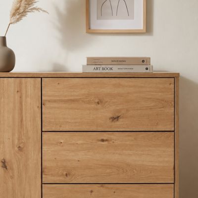 Commode 1 Porte 3 Tiroirs Décor Chêne L90 x H80 cm - LENNY