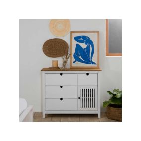 Commode 1 porte 4 tiroirs Bois/Blanc - BRANU