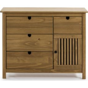 Commode 1 porte 4 tiroirs en pin massif couleur bois naturel 100 cm - Fabia