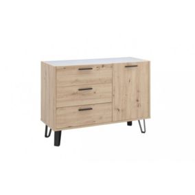 Commode 1 porte et 3 tiroirs décor chêne clair et gris laqué - MILOS