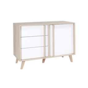 Commode 1 porte et 3 tiroirs MALMO coloris chêne clair et blanc
