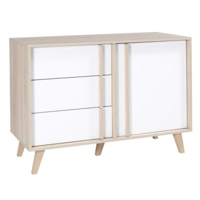 Commode 1 porte et 3 tiroirs MALMO coloris chene clair et blanc