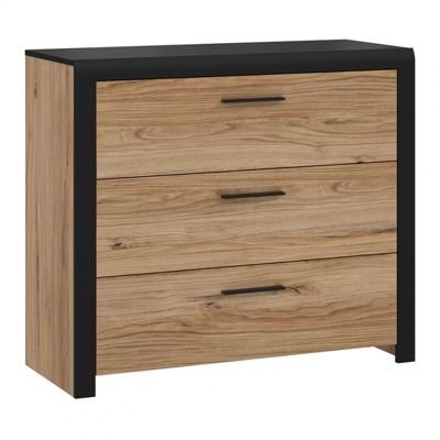 Commode 100 cm 3 tiroirs décor bois de chêne et noir - KAMILA