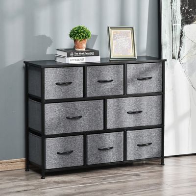 Commode 100 cm 8 tiroirs tissu, meuble de rangement avec poignées, structure en métal, meuble pour chambre, salon, Gris foncé