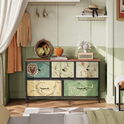 Commode 100 cm, avec 5 tiroirs de rangement, motif vintage - Multicouleur