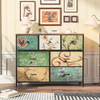 Commode 100 cm, avec 7 tiroirs de rangement, motif vintage, - Multicolore