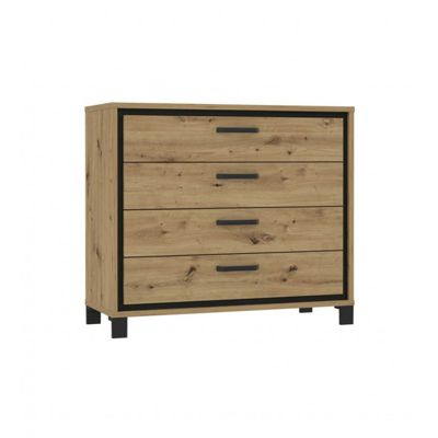 Commode 102 cm 4 tiroirs décor chêne pieds poignées métal noir - ALIA