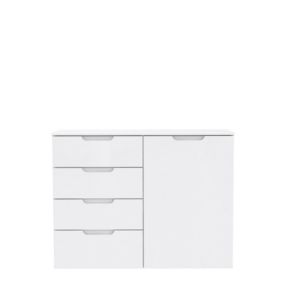 Commode 110 cm blanc laqué et mat 1 porte et 4 tiroirs - PURE