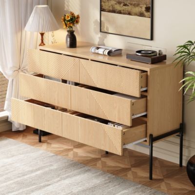 Commode 115,5 cm en MDF décor bois avec 6 tiroirs et pieds en métal noir