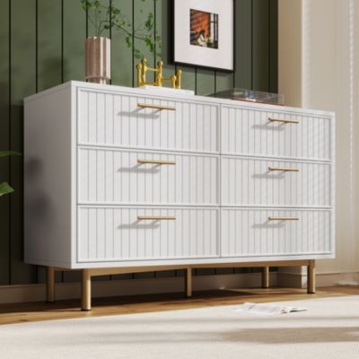 Commode 120 cm blanche en panneaux de particules avec 6 tiroirs