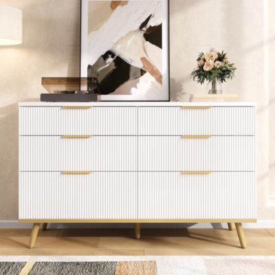 Commode 120 cm blanche en panneaux de particules avec 6 tiroirs
