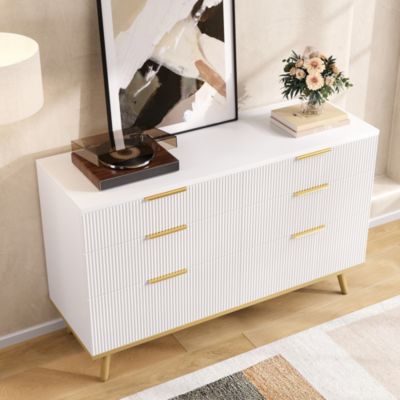 Commode 120 cm blanche en panneaux de particules avec 6 tiroirs
