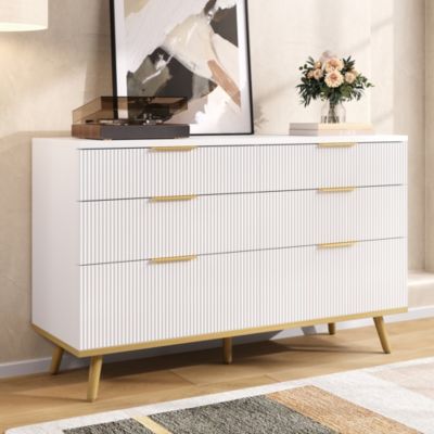 Commode 120 cm blanche en panneaux de particules avec 6 tiroirs