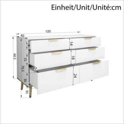Commode 120 cm blanche en panneaux de particules avec 6 tiroirs