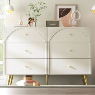 Commode 120 cm en bois crème blanc avec 6 tiroirs et pieds métal
