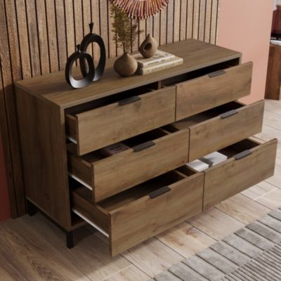 Commode 120 cm en chêne foncé avec 6 tiroirs et pieds métal noir