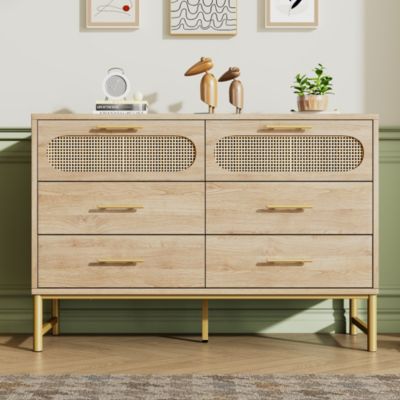 Commode 120 cm en chêne sonoma avec 6 tiroirs et détails effet rotin