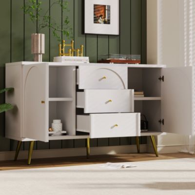 Commode 140 cm en bois crème blanc avec 2 portes, 3 tiroirs et étagère réglable