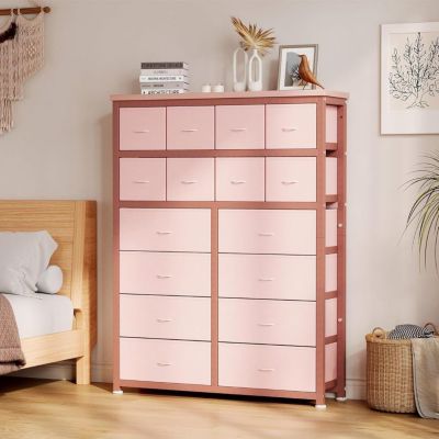 Commode 16 tiroirs en tissu rose 111 x 30 x 130 cm - cadre métal, panneaux MDF, anti-basculement