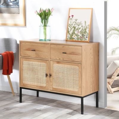 Commode 2 Portes 2 Tiroirs avec Cannage Rotin L90cm - JAYA