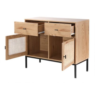 Commode 2 Portes 2 Tiroirs avec Cannage Rotin L90cm - JAYA