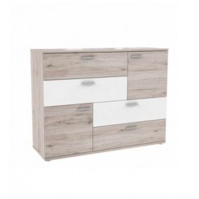 Commode 2 portes 4 tiroirs décor chêne cendré blanc - DEST