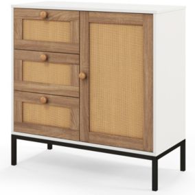 Commode à 3 Tiroirs 1 Porte en Rotin 3 Étagères Pieds Surélevés en Métal Meuble de Rangement Indépendant pour Salon