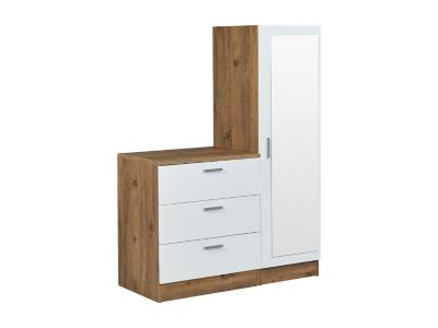 Commode 3 tiroirs avec armoire et miroir - Blanc et naturel - VITORIO